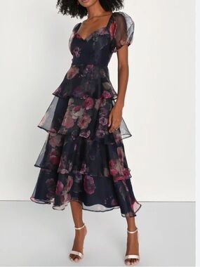 NWT Lulus Sz S Oh-So Stunning Navy Blue Floral Organza Tiered Midi Dress